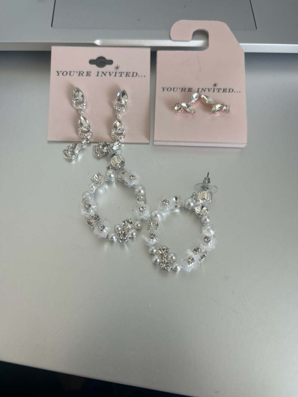 3 Pairs: Floral Pearl Hoops, Rhinestone Drops Perfect for Prom